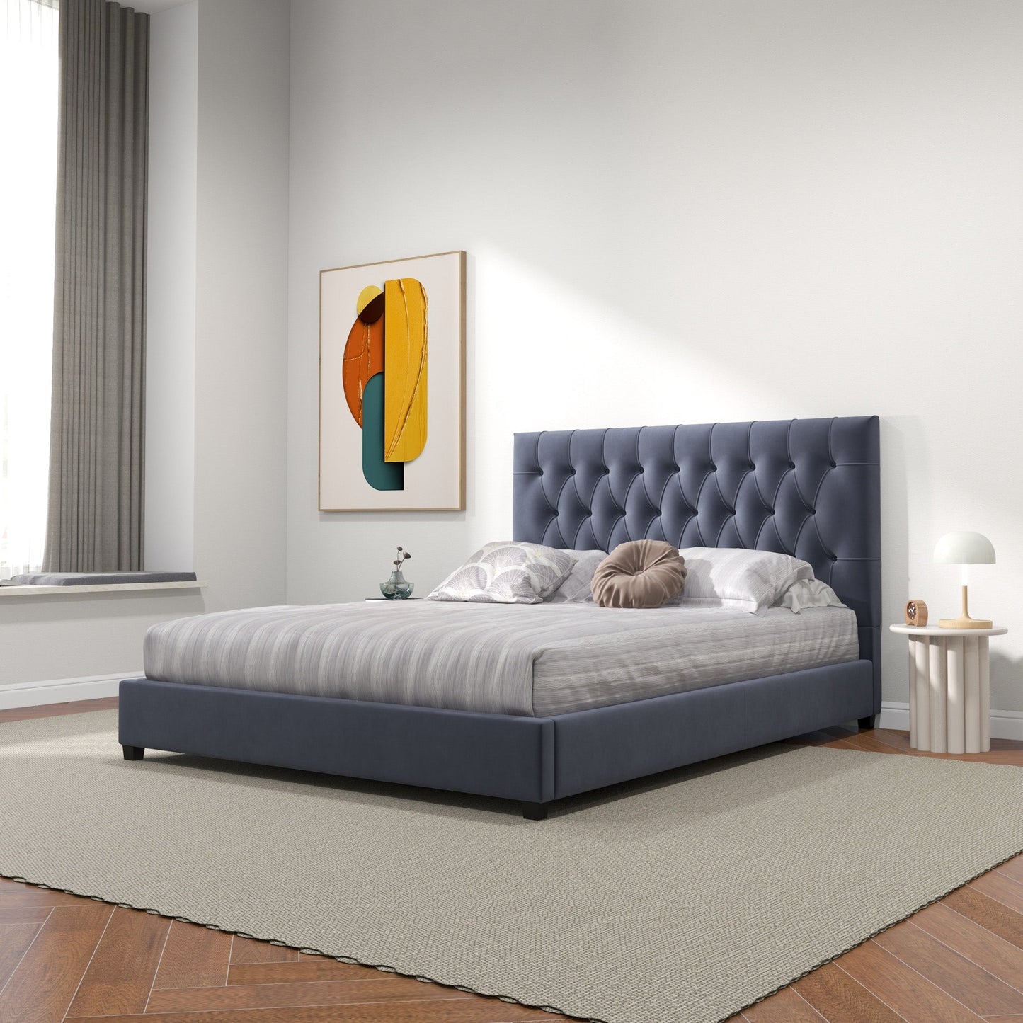 Donald Mid Century Modern Grey Velvet Platform Bed King