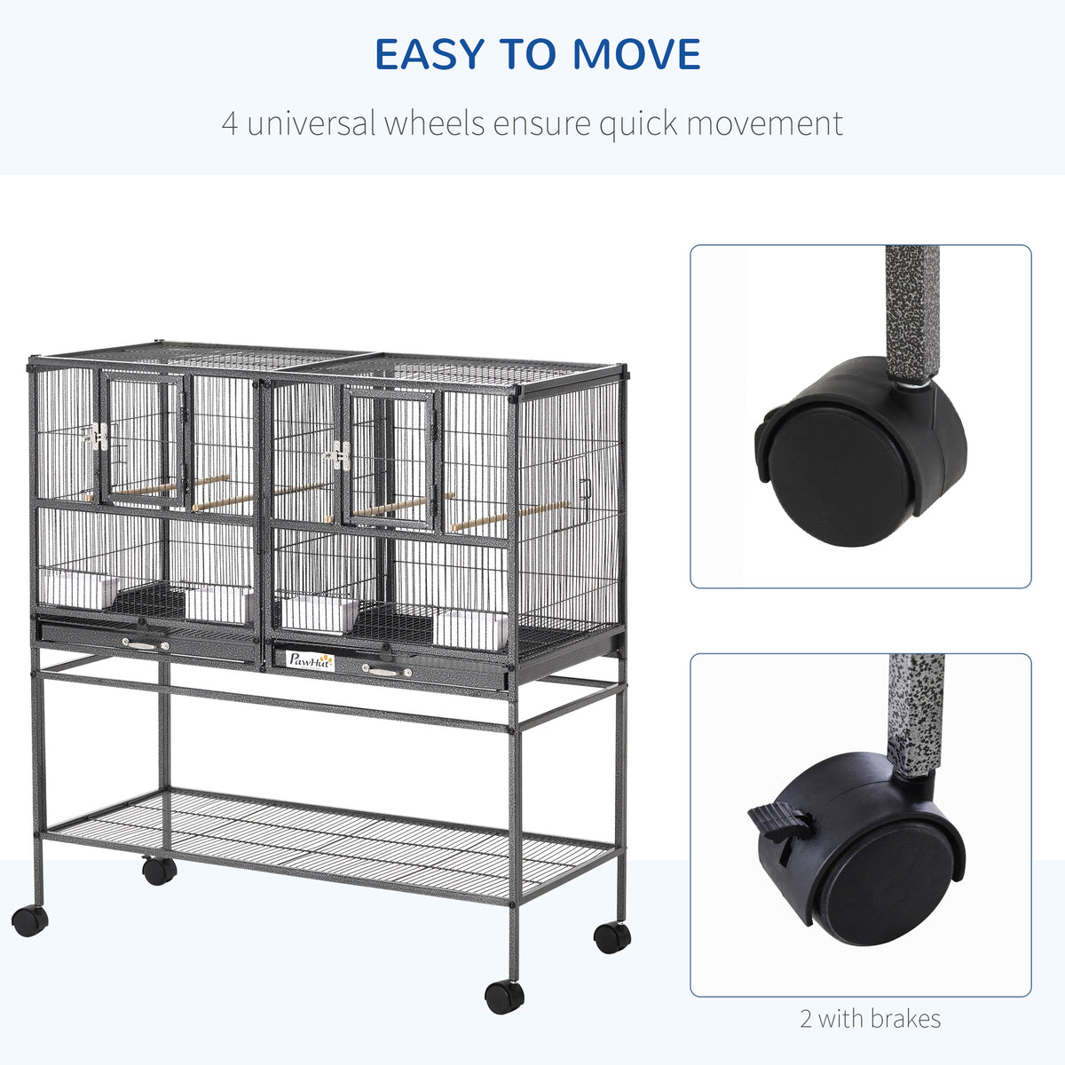 Divided Bird Cage with Rolling Stand, Removable Metal Trays & Storage Shelf