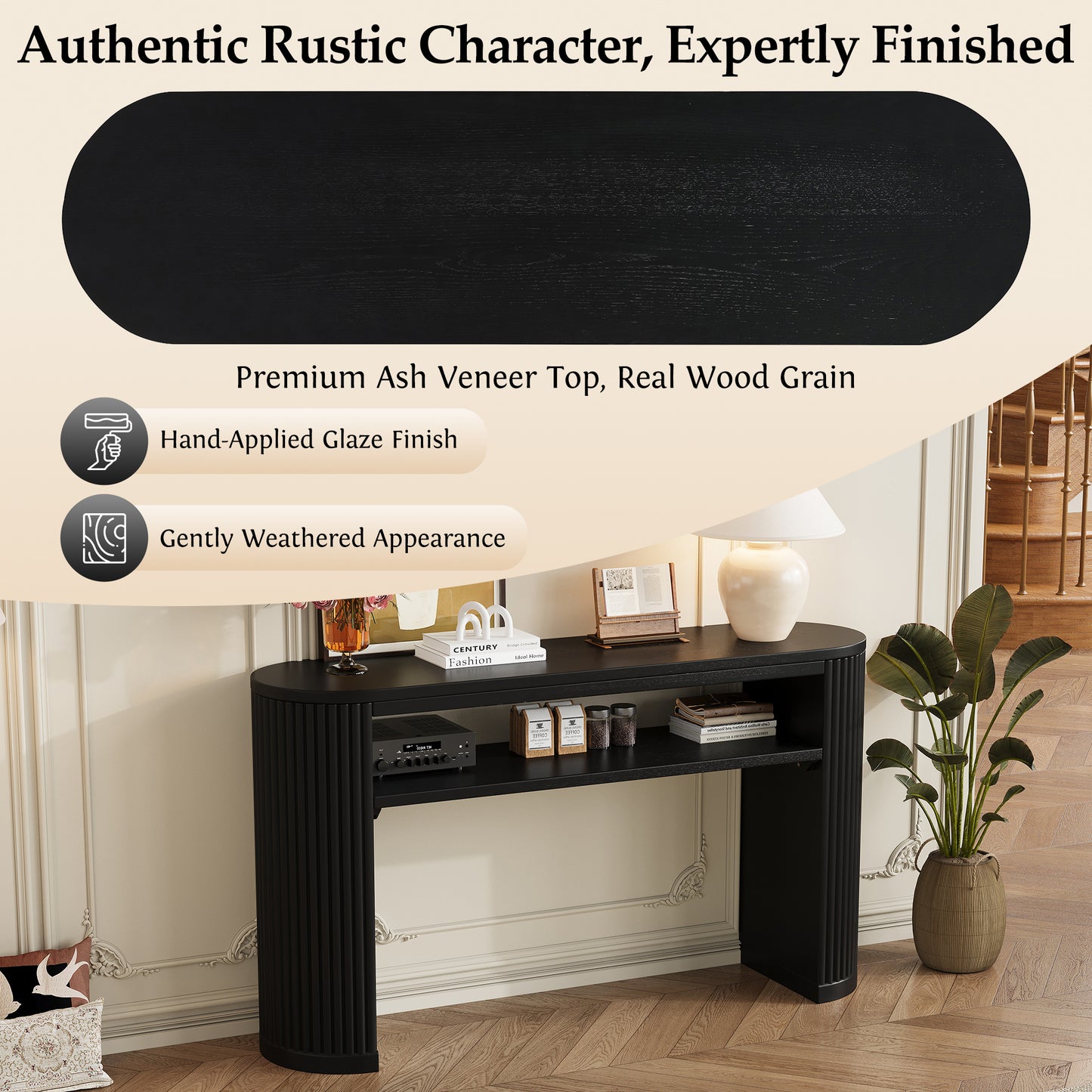 Rustic Console Table with Fluted Legs - Vintage Oval Sofa Table
