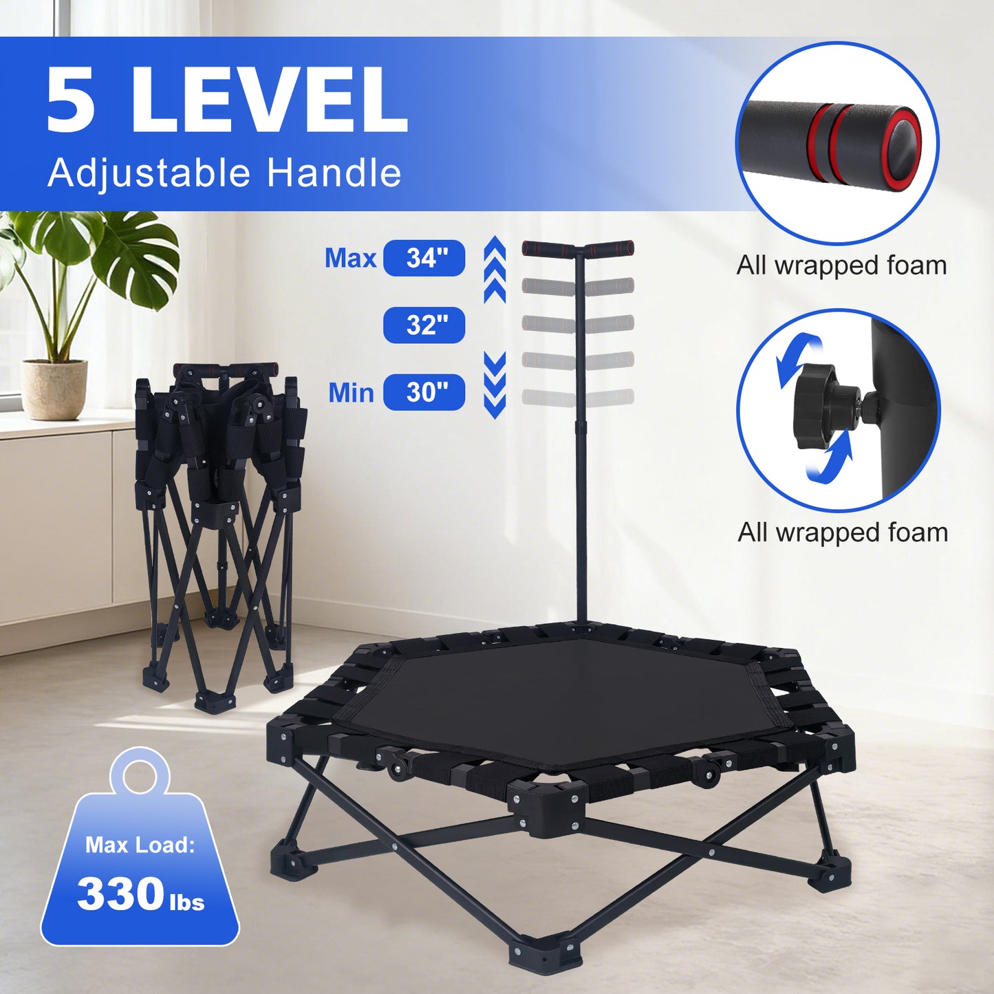 42" Foldable Mini Trampoline - Adjustable T-Bar, 330lbs Capacity, Black