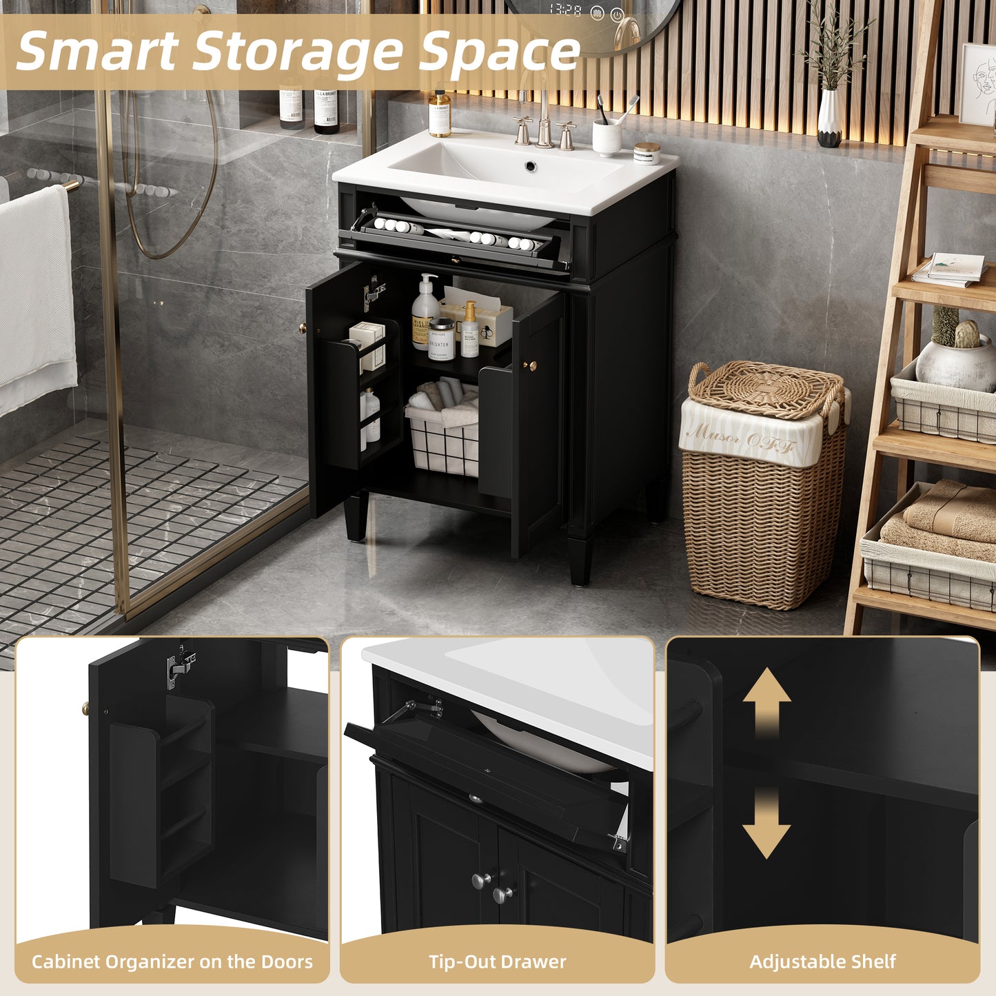 24" Black Bathroom Vanity with Soft-Close Doors & Storage