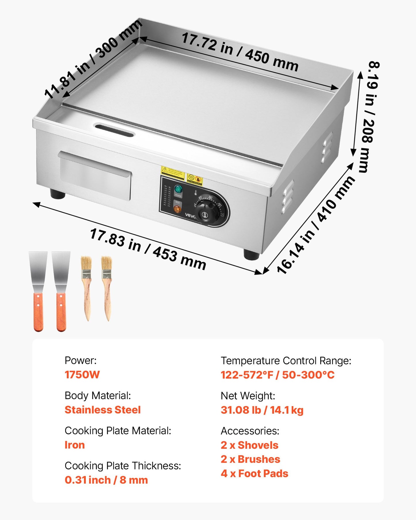 17.7x11.8 Inch Commercial Electric Griddle 1750W Stainless Steel Flat Top Grill