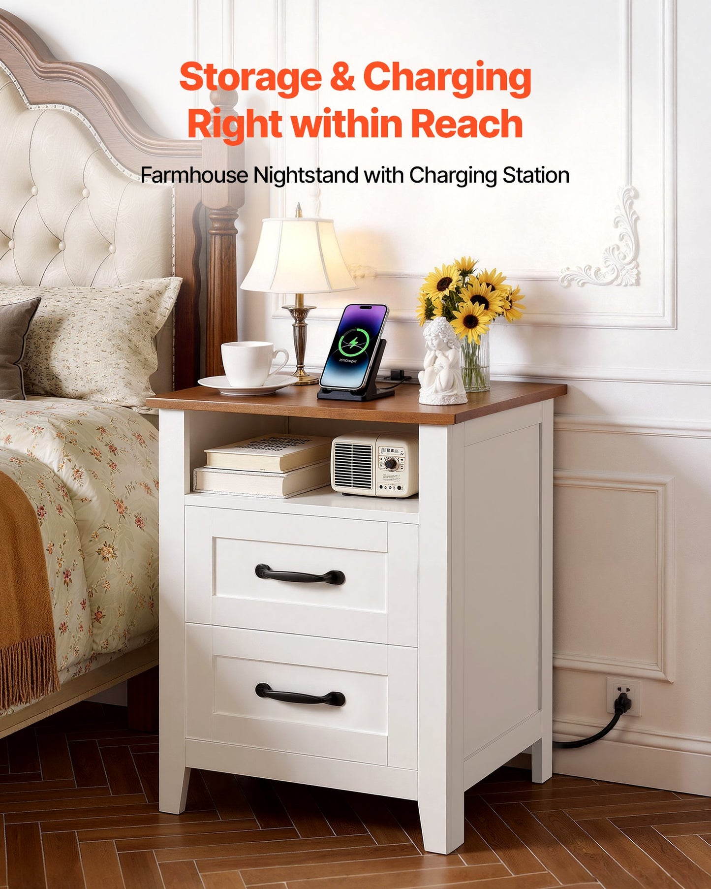 Farmhouse Nightstands Set of 2 with Charging Station White - Rustic End Tables with USB Ports & Storage