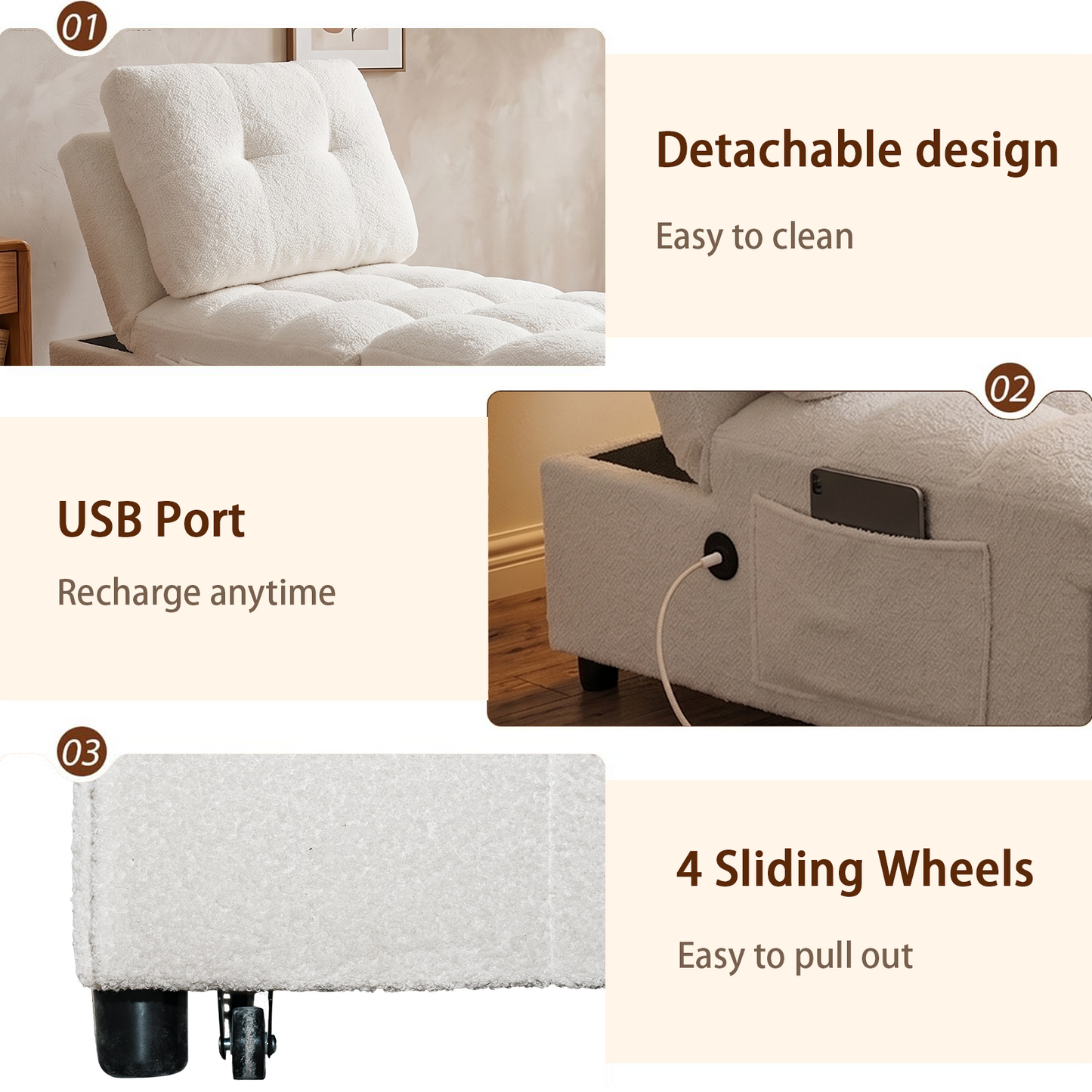 Single Sofa Bed Without Armrests, Soft Teddy Fabric Texture,