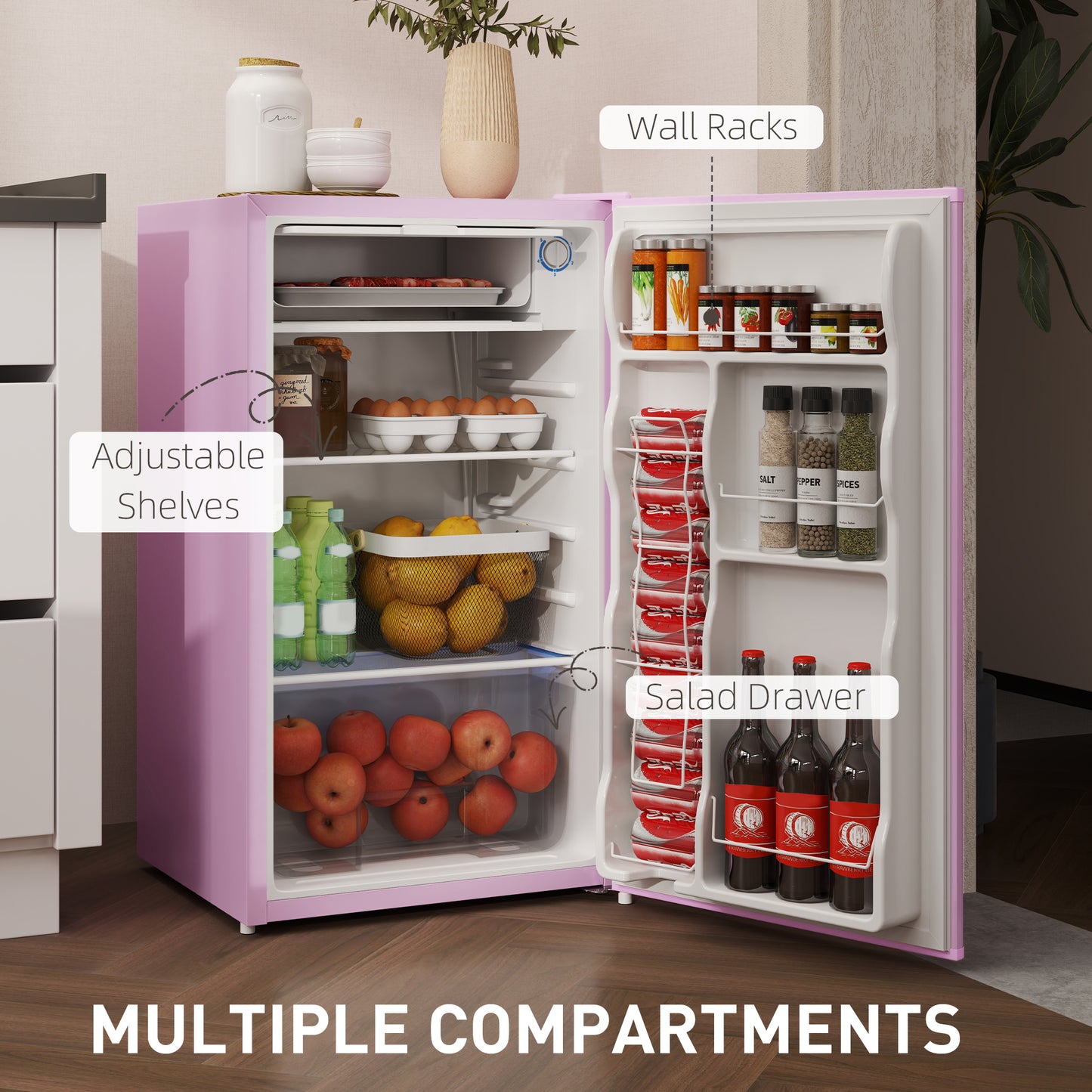 Pink Mini Fridge with Freezer, 3.2 Cu Ft Compact Refrigerator, Reversible Door