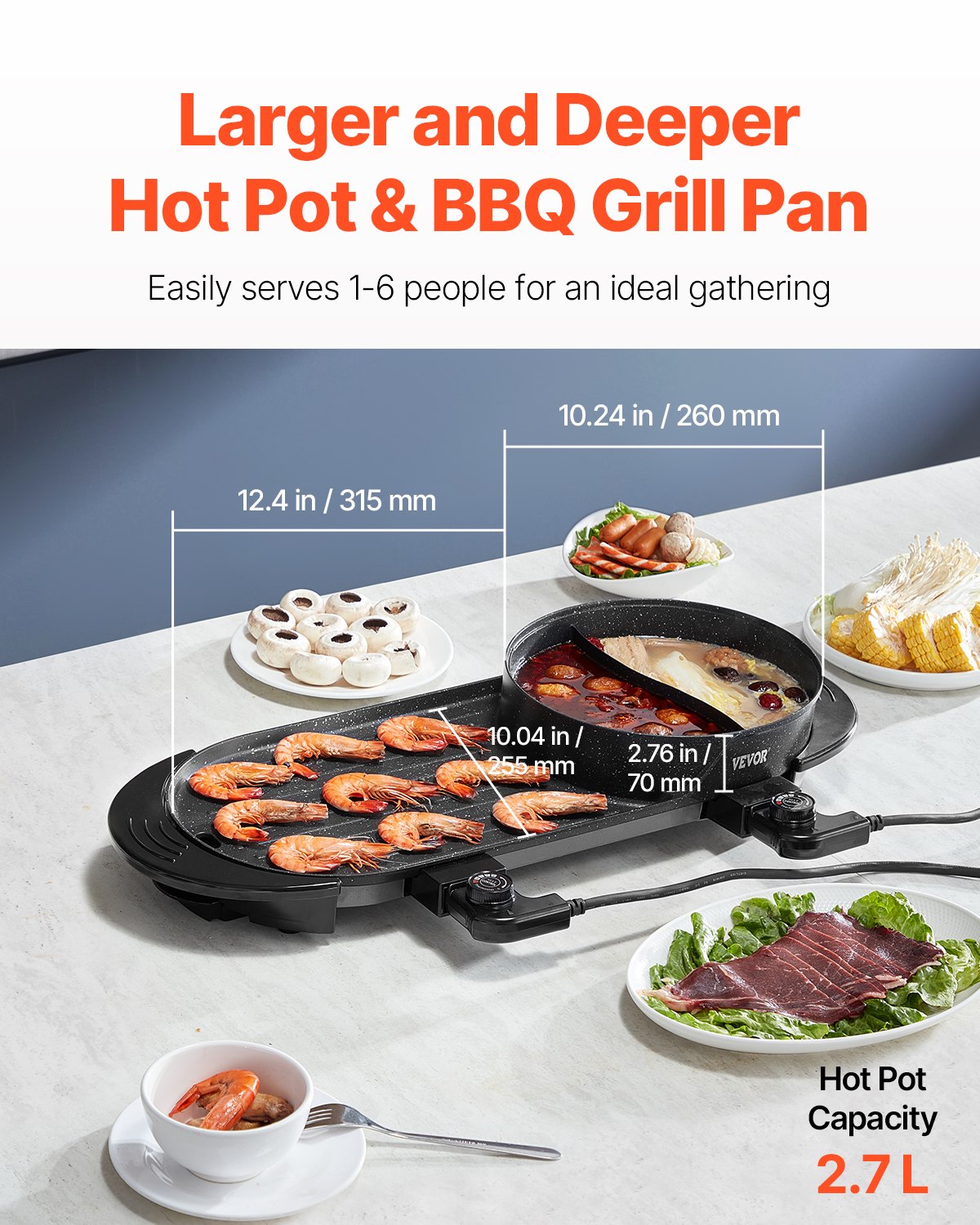 2200W 2-in-1 Electric Hot Pot & Grill, Smokeless Kitchen Appliance for 1-6 People