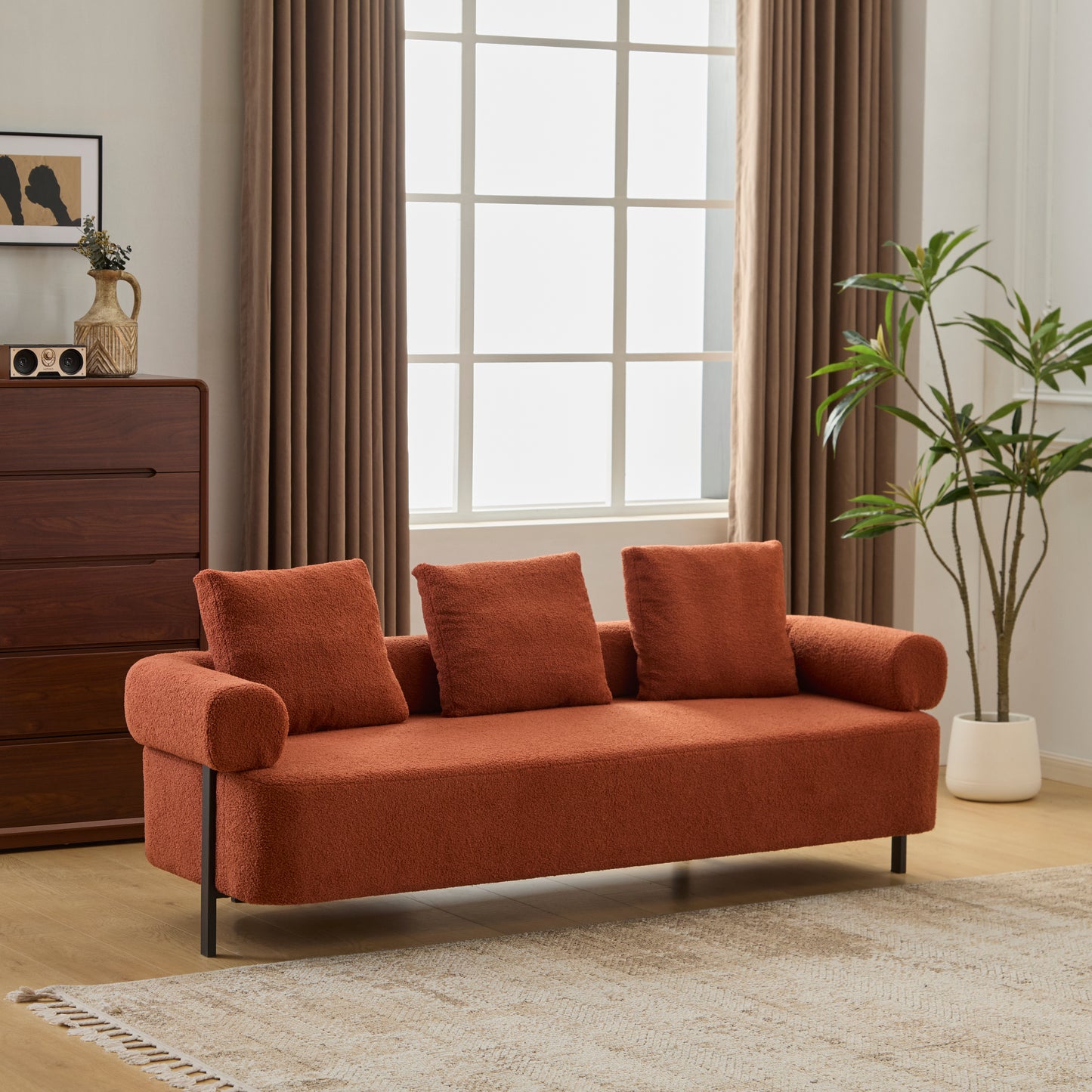 78 Modern 3-Seater Orange Upholstered Sofa, Oversized Comfy Couch