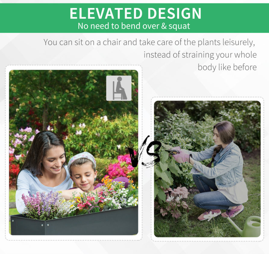Dark Grey Metal Raised Garden Bed Planter Box 40x12x32 Outdoor Gardening