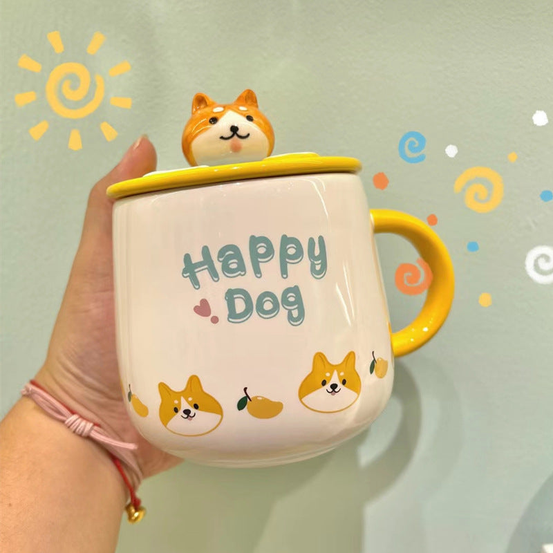 Cute Cartoon Ceramic Mug with Lid and Spoon - 4 Styles, 301-400ml