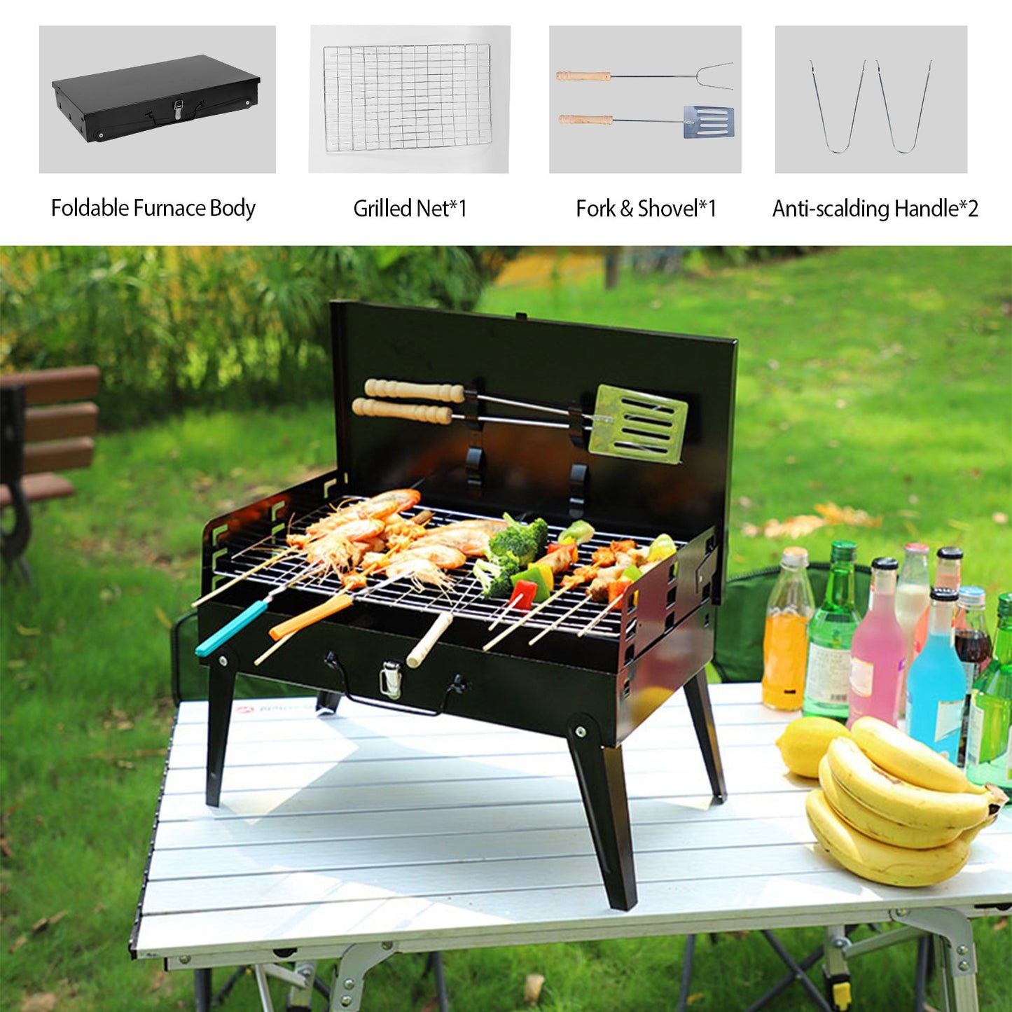 Portable Charcoal Grill - Foldable BBQ Suitcase Grill for Camping