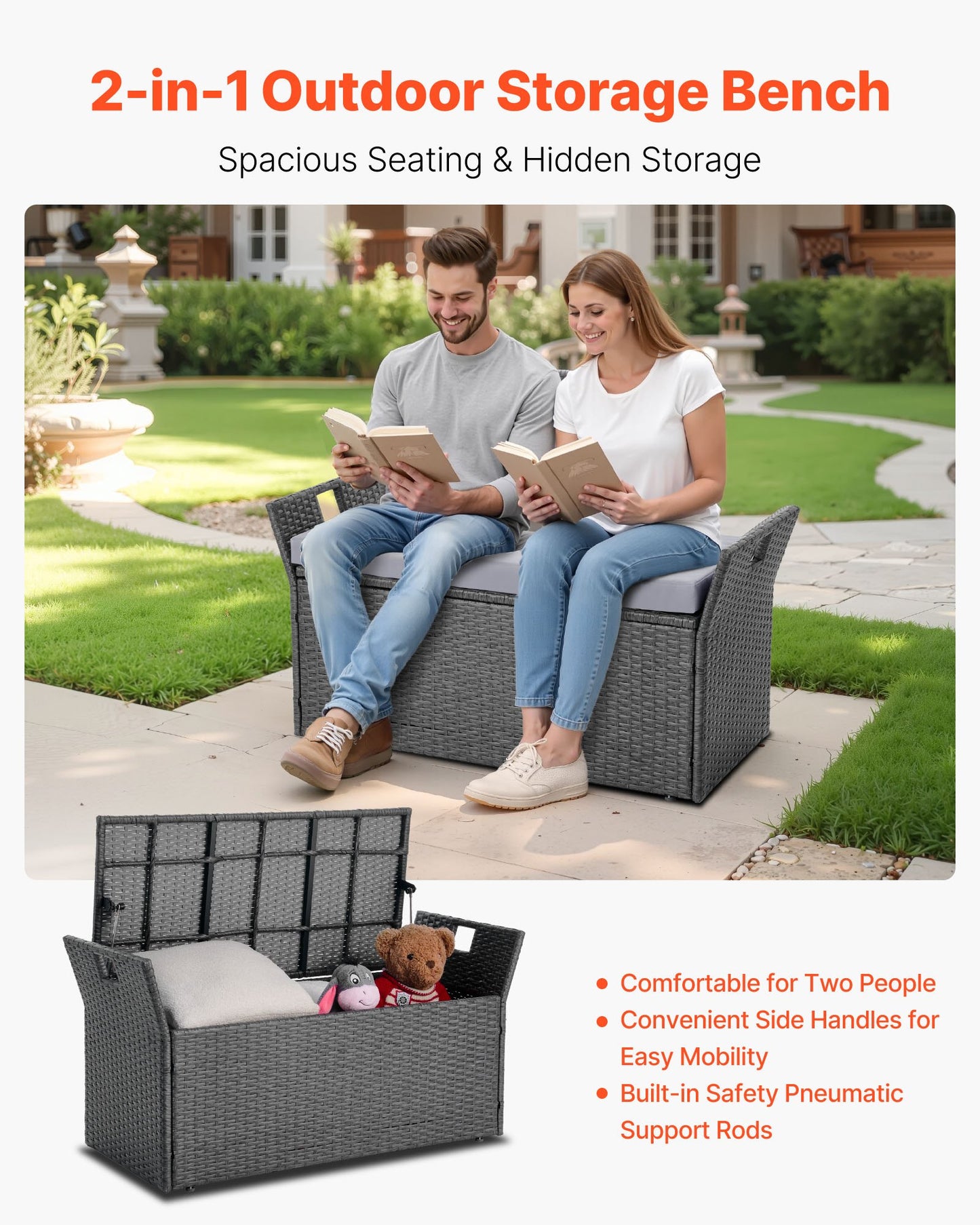 Outdoor Storage Bench with Cushions and Waterproof Rattan - Grey, 40 Gal