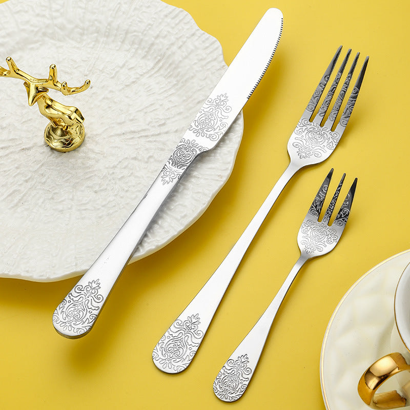 Vintage Gold-Plated Stainless Steel Cutlery Set - Dinner Knife Fork Spoon Tea Spoon