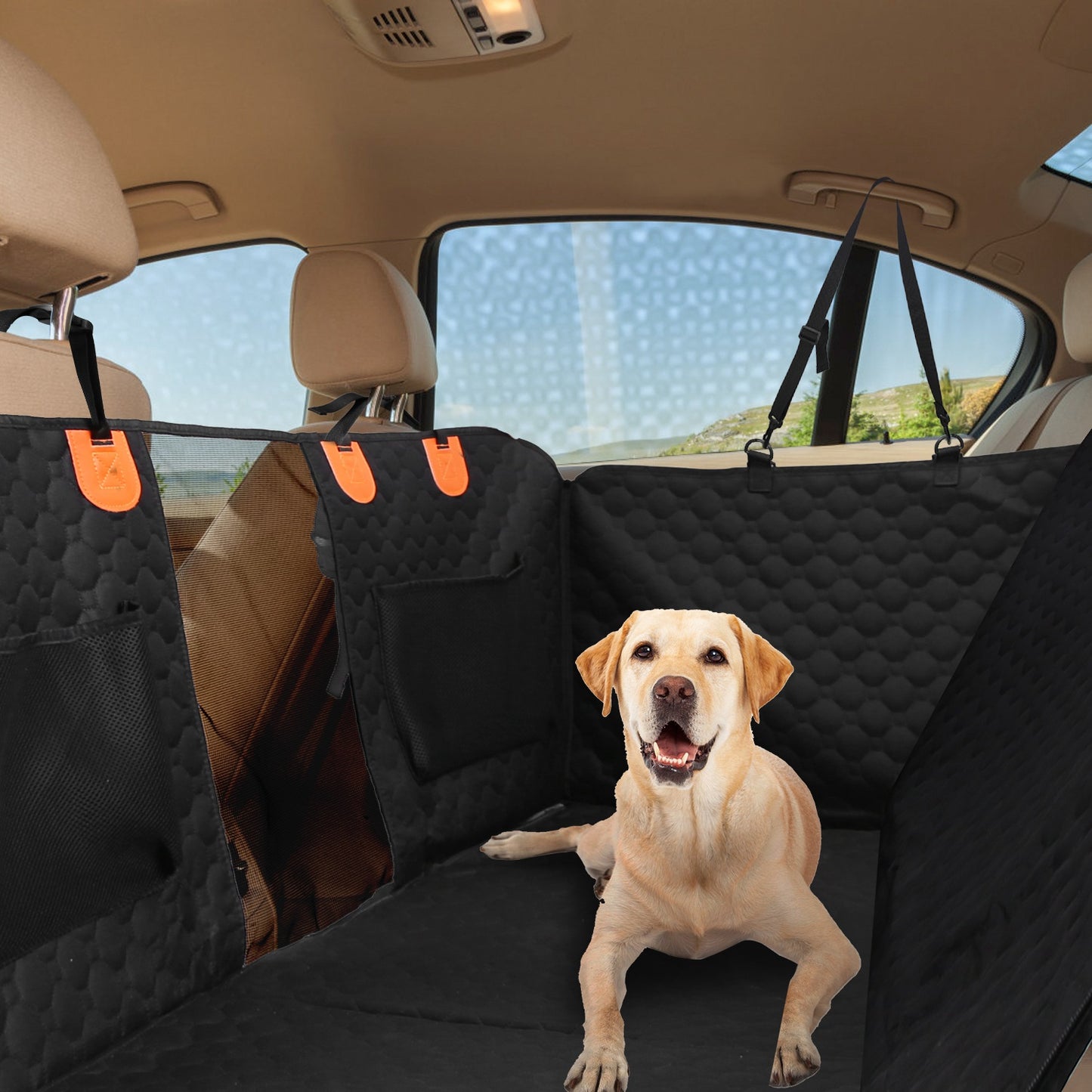 Waterproof Dog Car Seat Cover with Mesh Window & Storage Bags - Universal Fit
