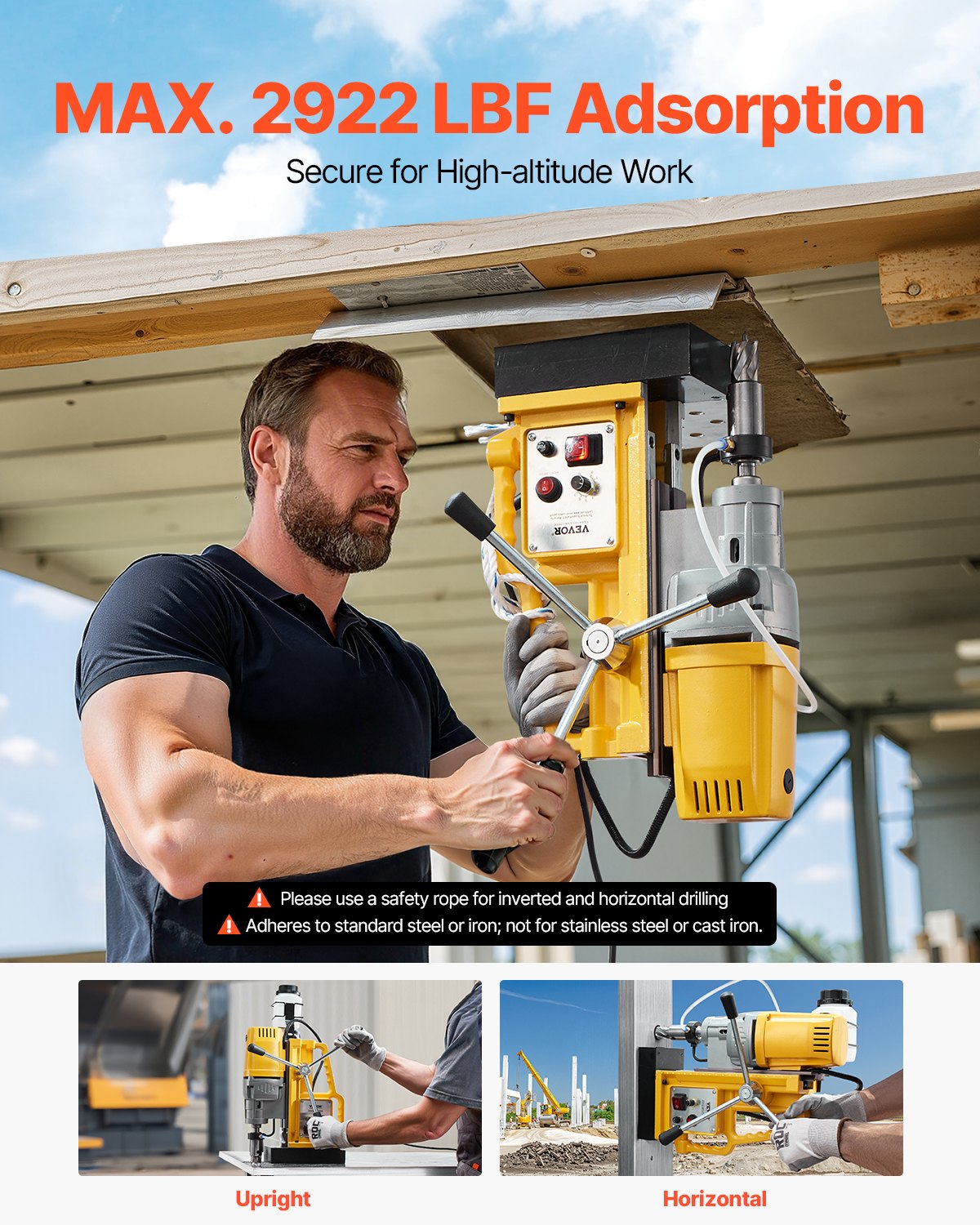 Magnetic Drill Press 1400W 2-Inch Boring Diameter 0-750 RPM Yellow