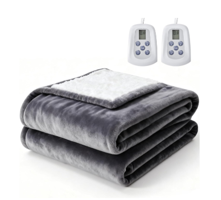 Electric Heated Blanket with Dual Zone Control - 10 Heat Settings, Flannel Sherpa