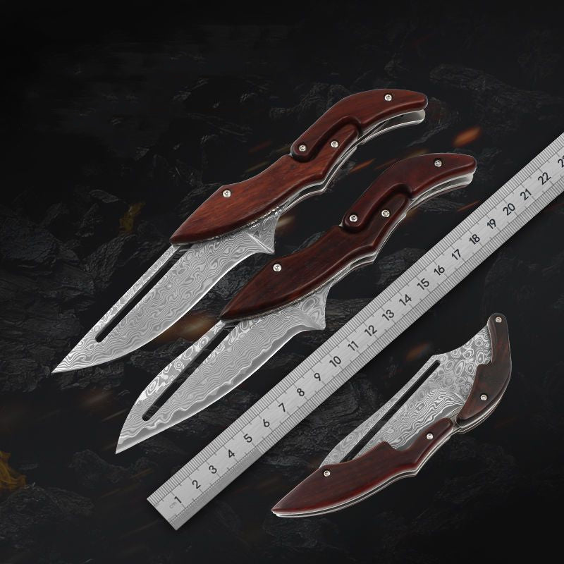 Portable Folding Camping Knife with Damascus Steel Blade and Wood Handle