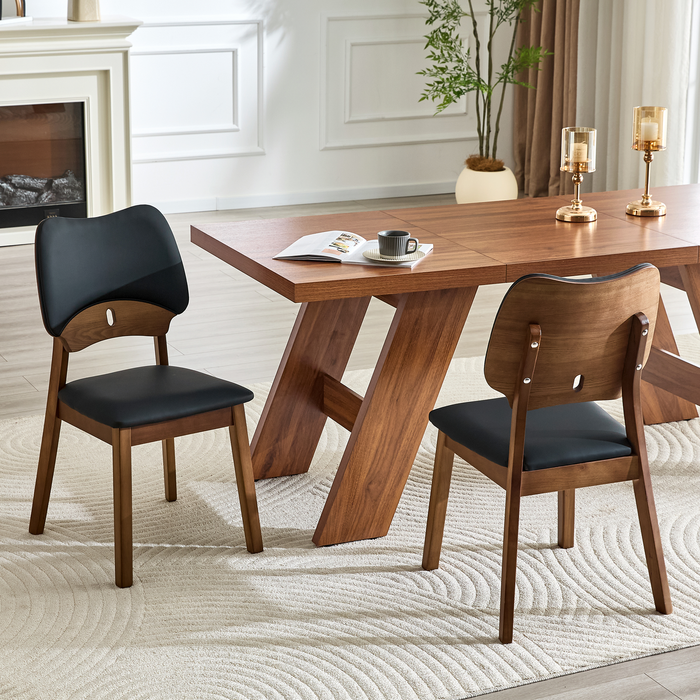 2 Walnut Colored Solid Wood Dining Chairs, With Black PU Soft
