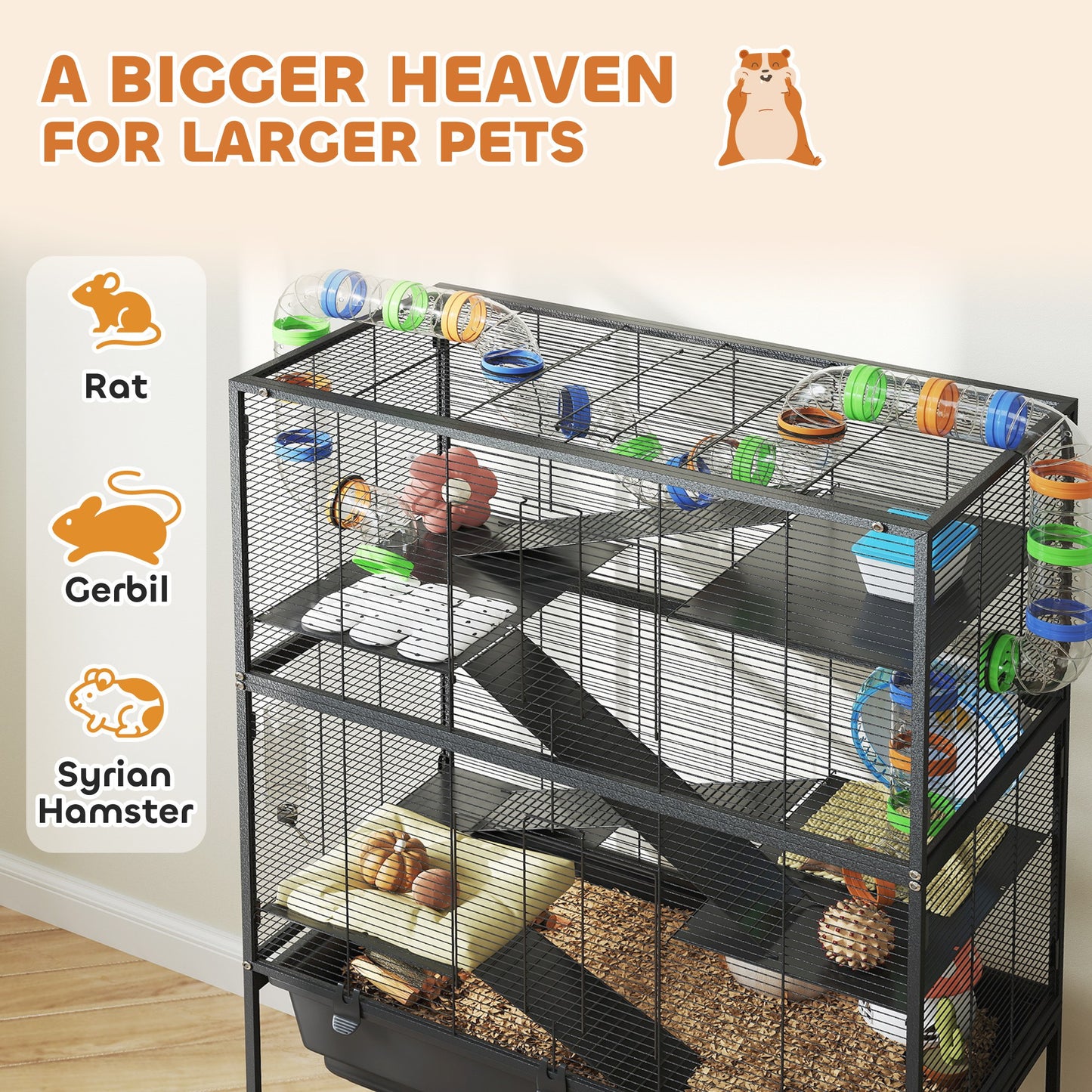5-Tier Hamster Cage with Deep Tray & Exercise Wheel, Rolling Steel Pet Habitat