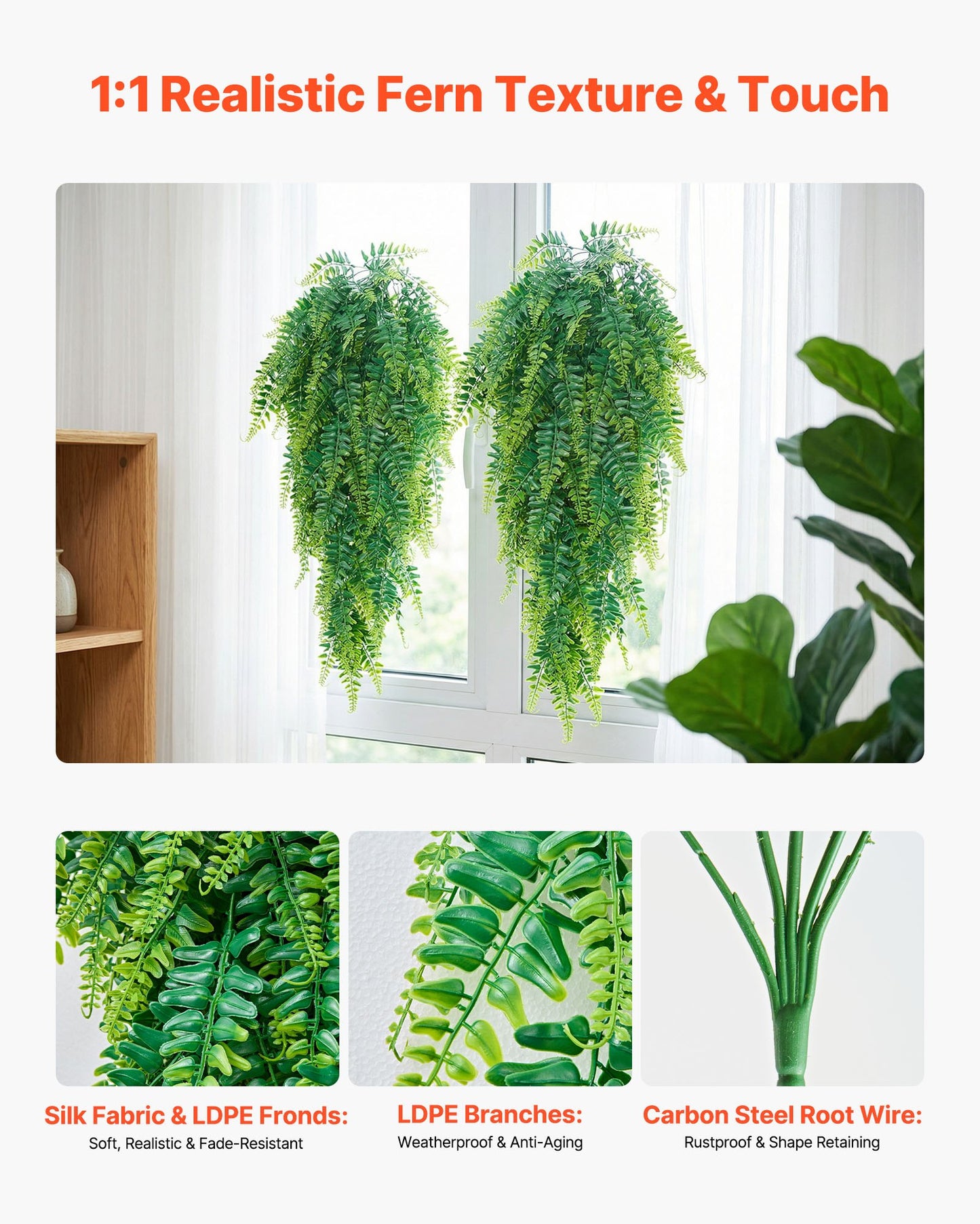 Artificial Ferns Set - 12 Faux Hanging Plants with 32 Inch Length for Indoor Outdoor Decor