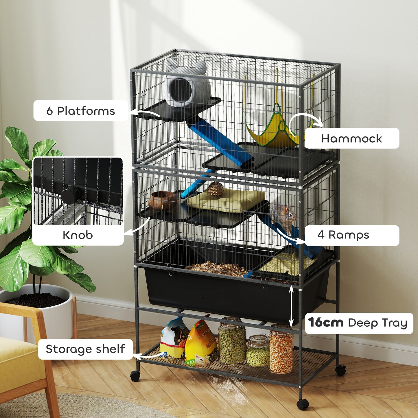 59-Inch Small Animal Cage with 5 Levels, Rolling Ferret Cage, Deep Tray & Ramps