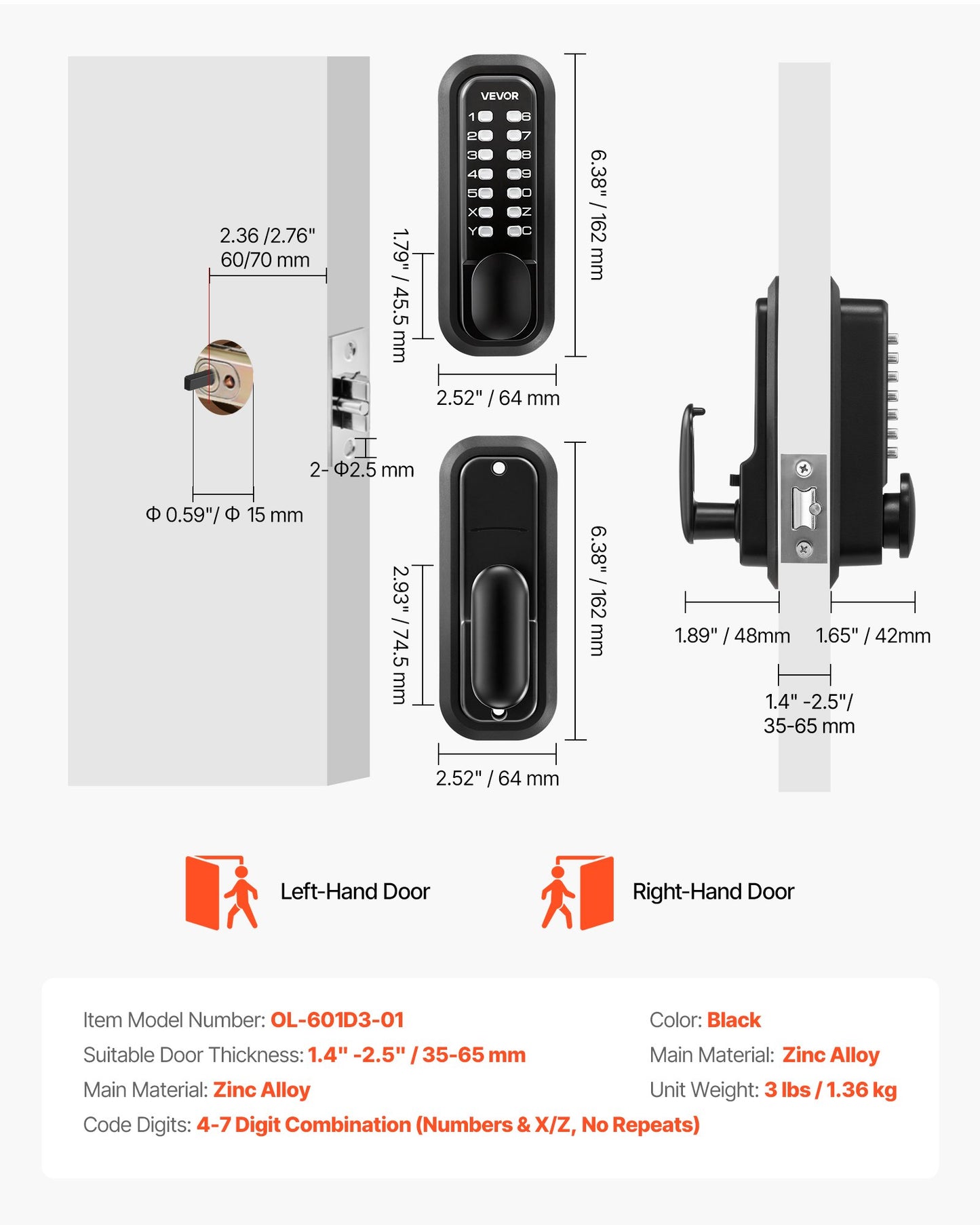 Mechanical Keyless Entry Door Lock - 4-7 Digit Code, Auto Lock, Black