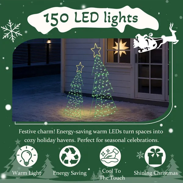 Lighted Metal Christmas Tree Yard Decorations - Set of 2, 150 LED Lights