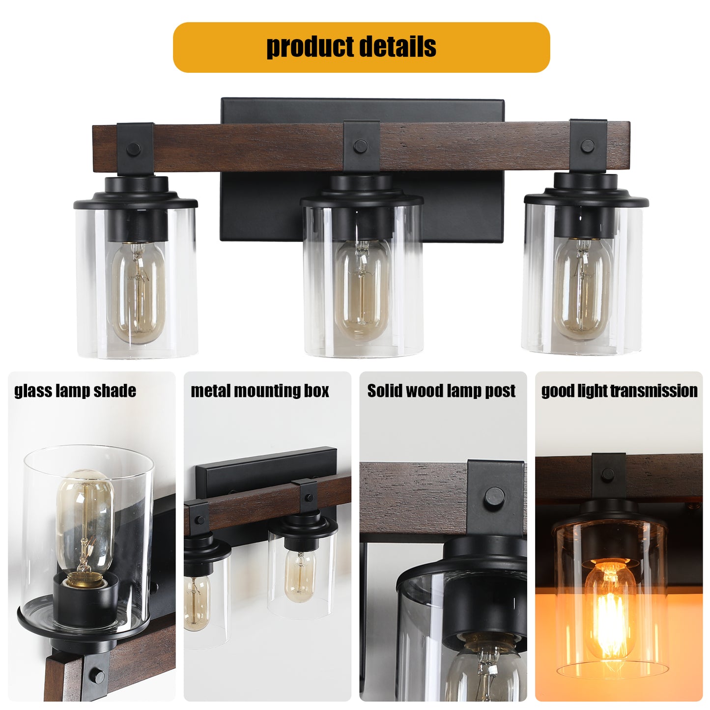 Rustic 3-Light Vanity Light Fixture with Glass Shades and Wood Accent