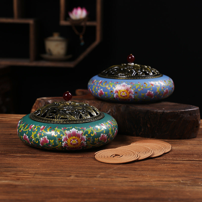 Ceramic Lotus Incense Burner with Iron Cover - Traditional Chinese Style Home Fragrance
