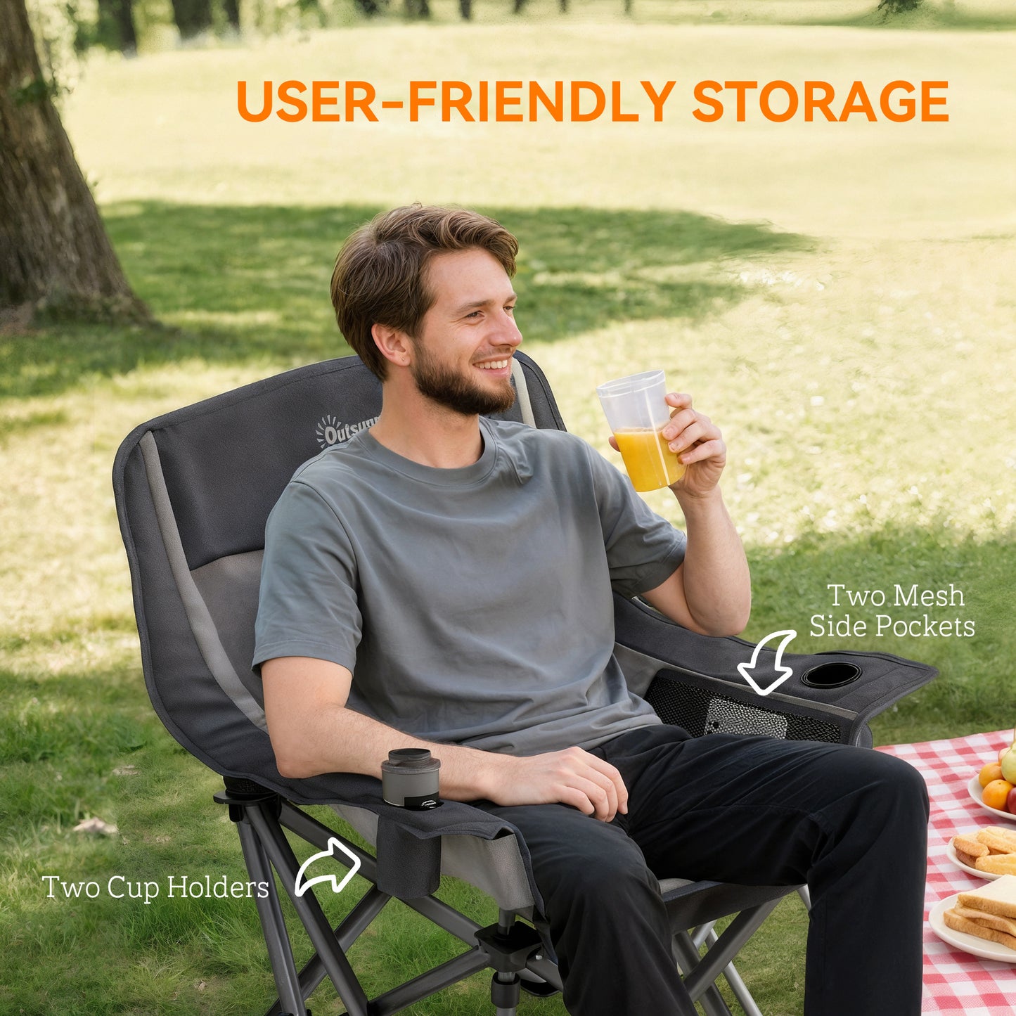 Portable Folding Camping Chair with Cup Holders & Side Pockets - Gray