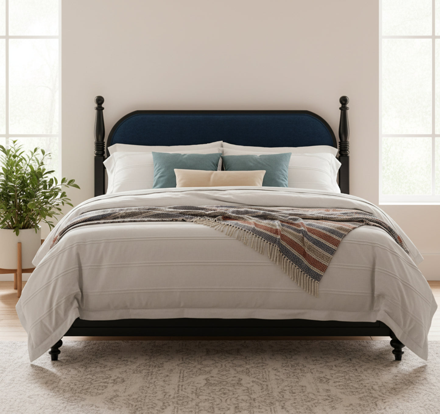 Queen Bed Frame - Solid Wood Platform with Navy Blue & Black Upholstered Headboard