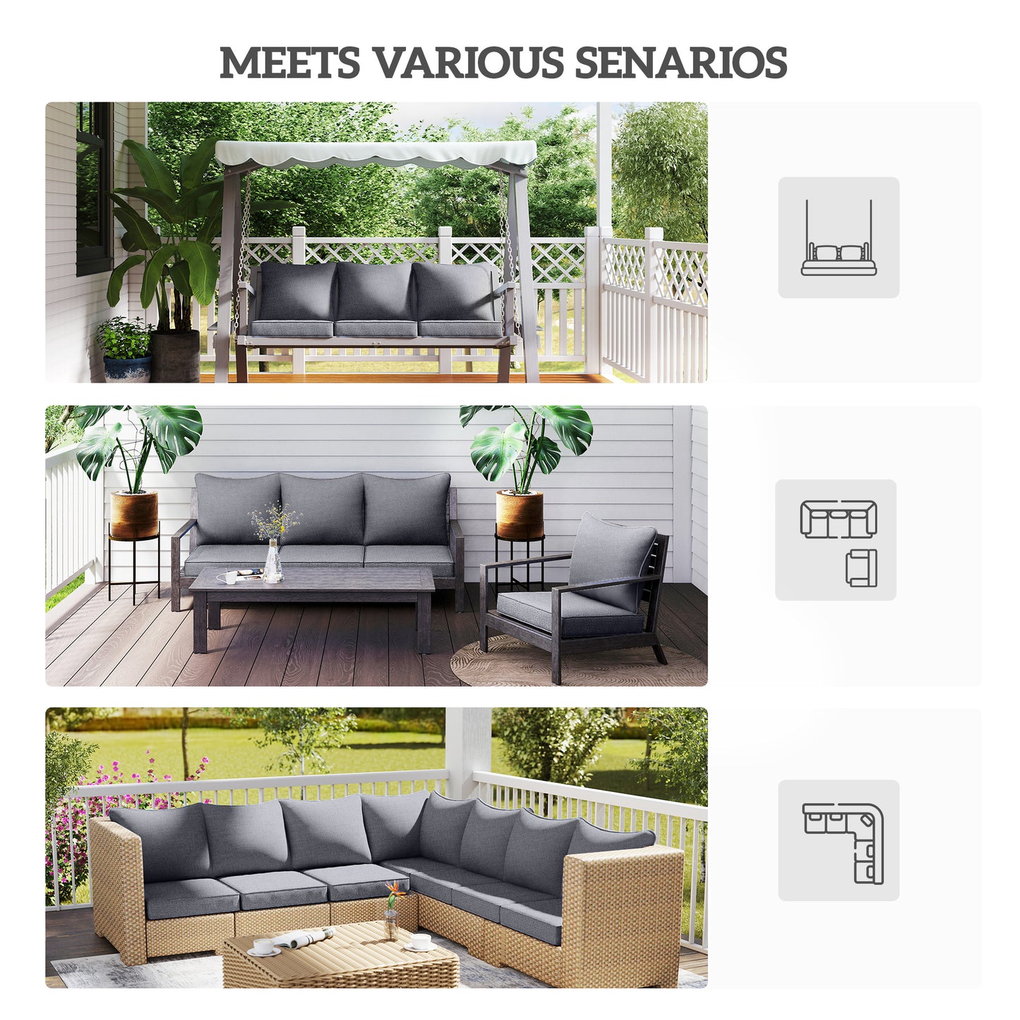 Outdoor Chair Cushion Set with Backrest – Gray, Fade Resistant