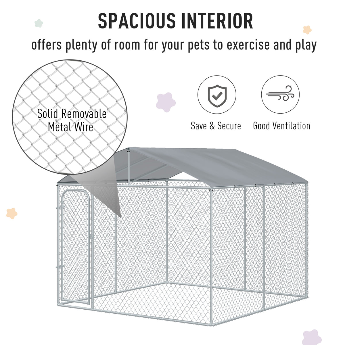 Large Outdoor Dog Kennel with Galvanized Steel Fence and Cover - Heavy Duty, Rainproof, Lockable Door, 9.8 x 9.8 x 7.7 ft