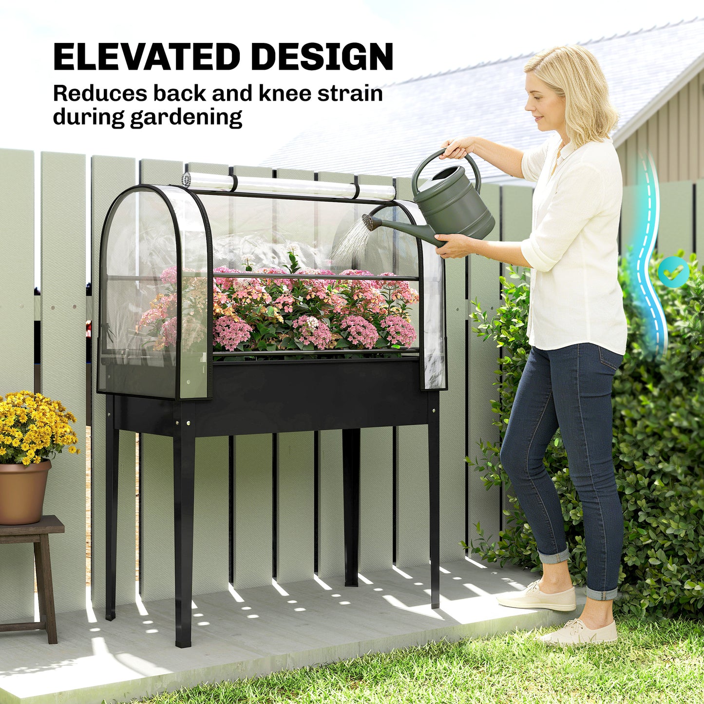Raised Garden Bed with Greenhouse Cover, Metal Elevated Planter with Legs and Drainage, Black 1110x510mm