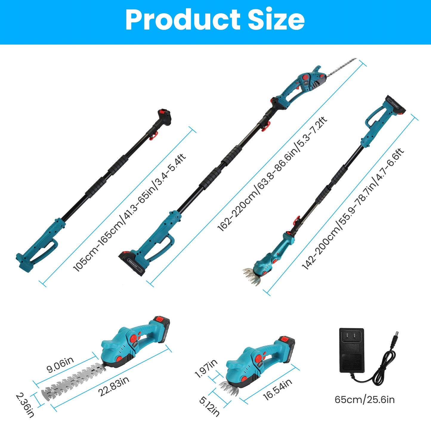 Cordless Multi-Function Hedge Trimmer with Telescopic Pole & Batteries - Blue