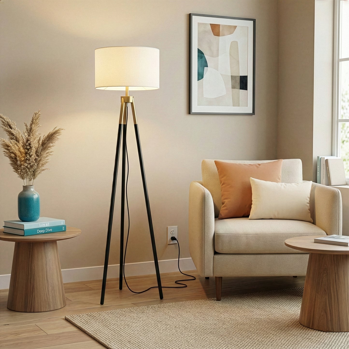 Sway Brassed Gold Floor Lamp With On Off Triple Legs White Fabric