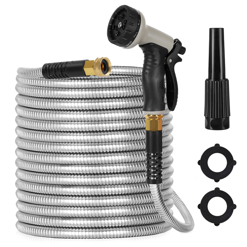Heavy Duty Stainless Steel Garden Hose 100ft with 10 Spray Patterns & Nozzles