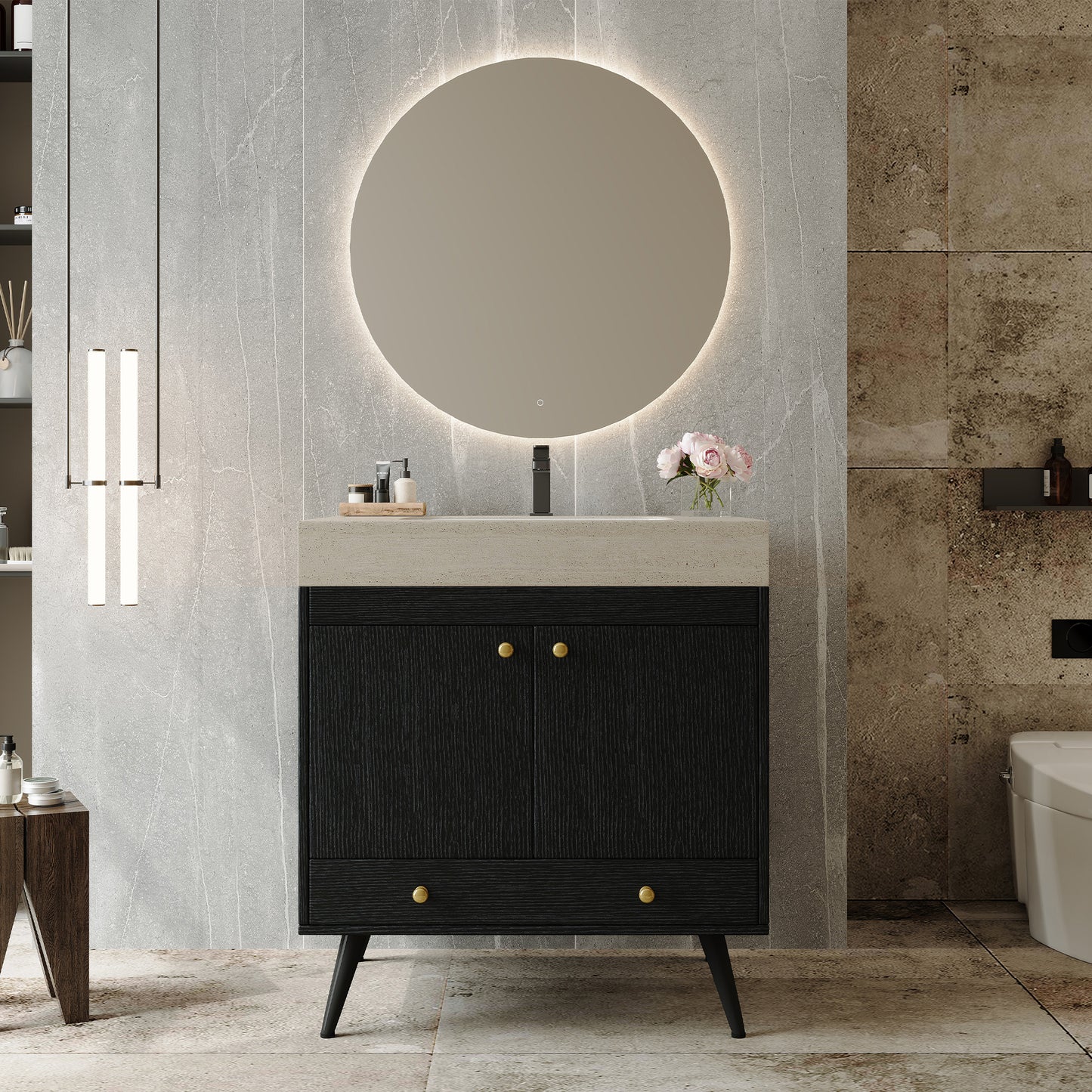 Contemporary Free-standing Bathroom Vanity with Faux Marble Top, 30" Ceramic Sink & Double Door Storage Cabinet