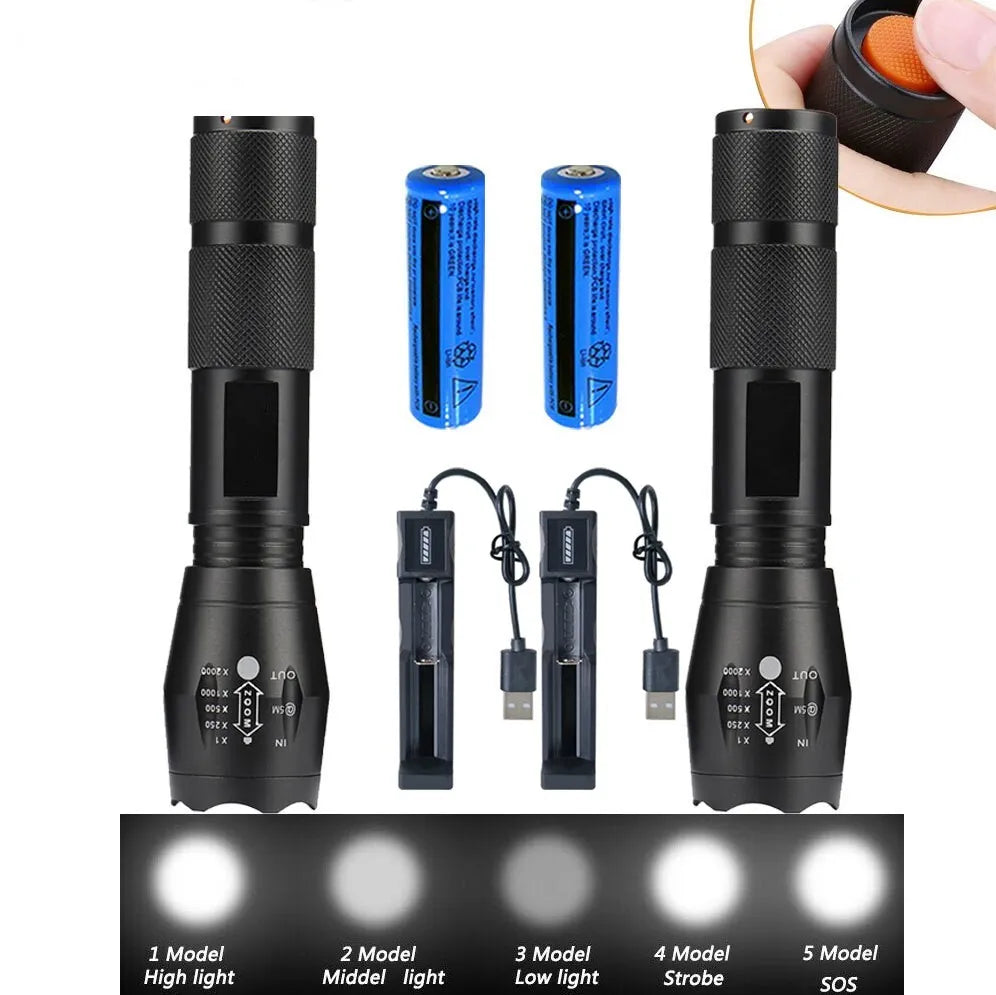 2-Pack Rechargeable LED Flashlight with Zoom Function
