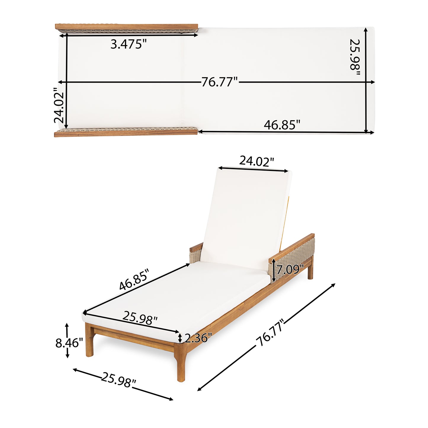 Acacia Wood Sun Chaise Lounger with Beige Cushions - 76.8"