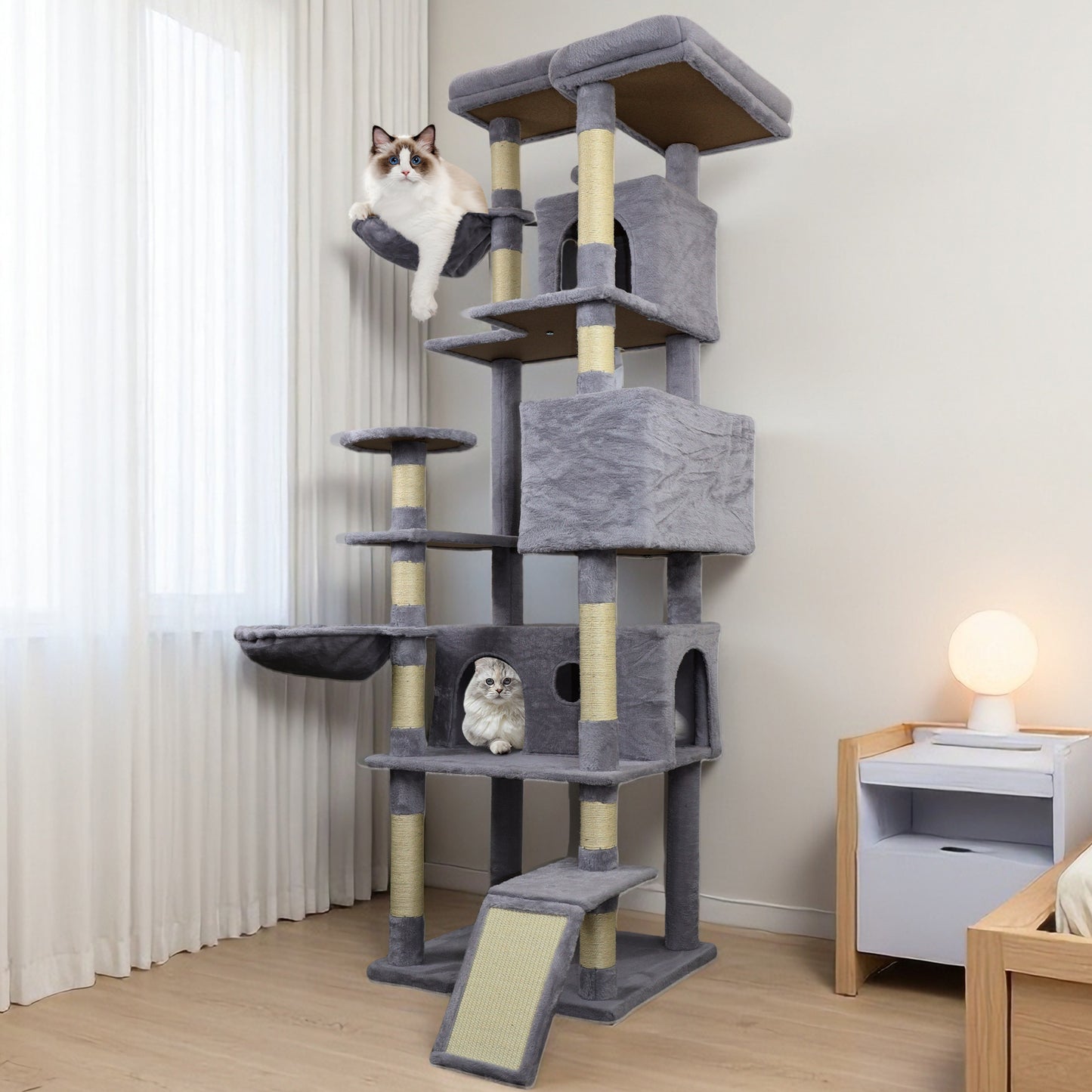 Large Dark Gray Cat Tree Tower with Multiple Condos, Scratching Posts and Perches