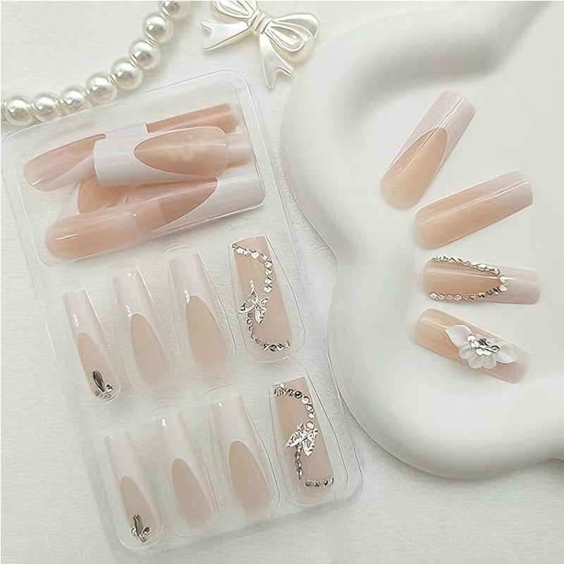24 PCS Floral Butterfly Press-On Nails - Long Square Fake Nails - Pink