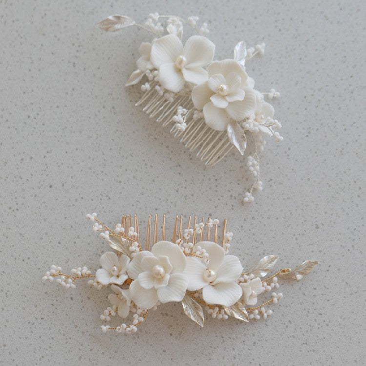 Ceramic Flower Hair Comb - Metal, Compact Design