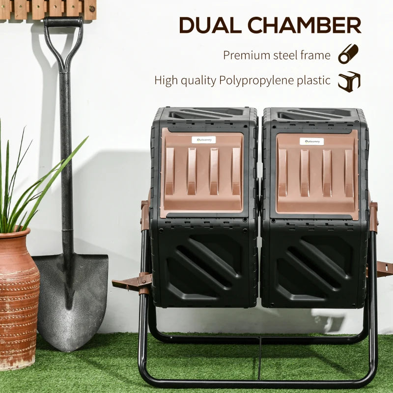 Dual Chamber Compost Tumbler Bin 34.5 Gallon Outdoor Garden Tool Brown & Black