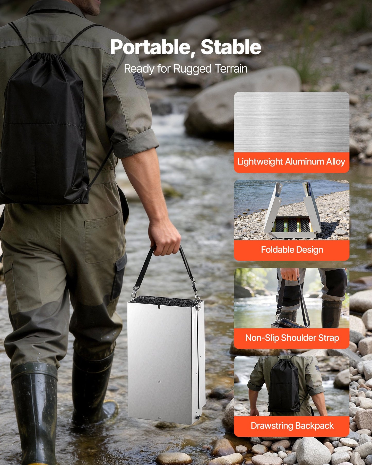 Highbanker Gold Panning Kit - 50 Inch Folding Sluice Box with 26-Piece Prospecting Equipment