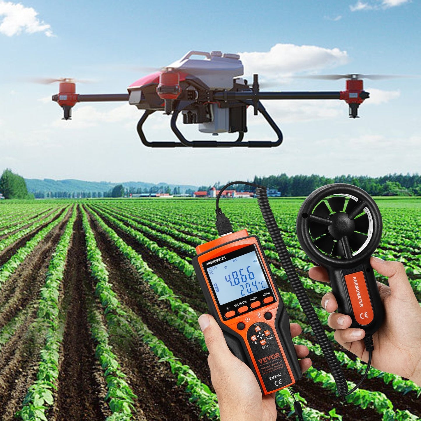 Digital Wind Speed & Temperature Meter with LED Backlight - Orange