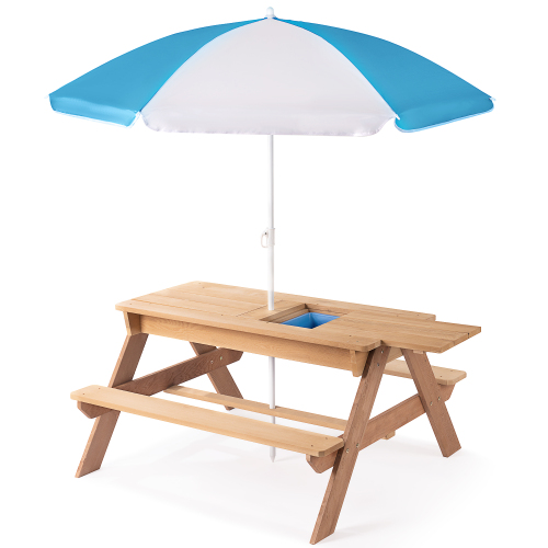 3-in-1 Kids Outdoor Wooden Picnic Table with Umbrella & Sand/Water Kettle