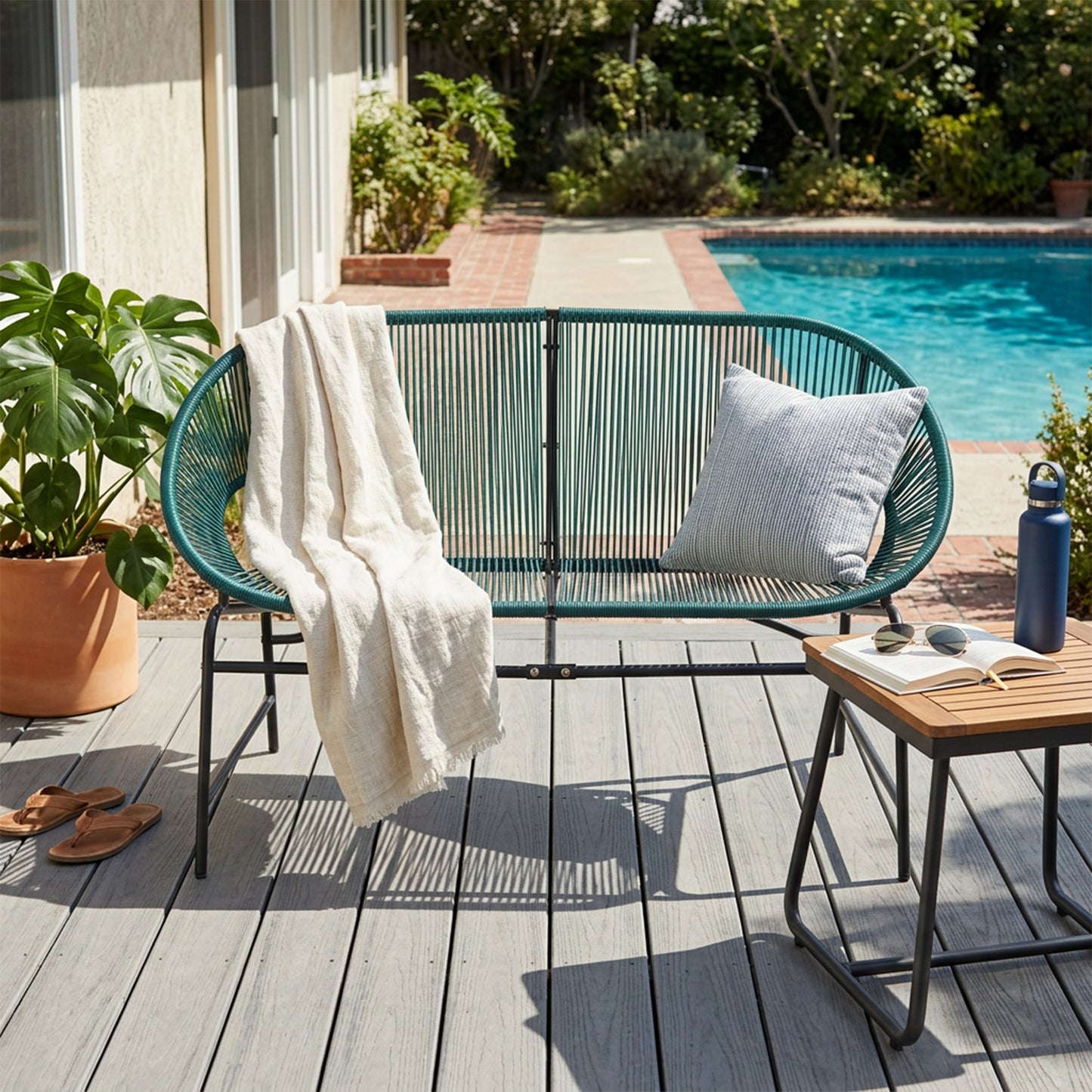 CONDESSA OUTDOOR PATIO WICKER LOVE SEAT, GREEN PE RATTAN & IRON