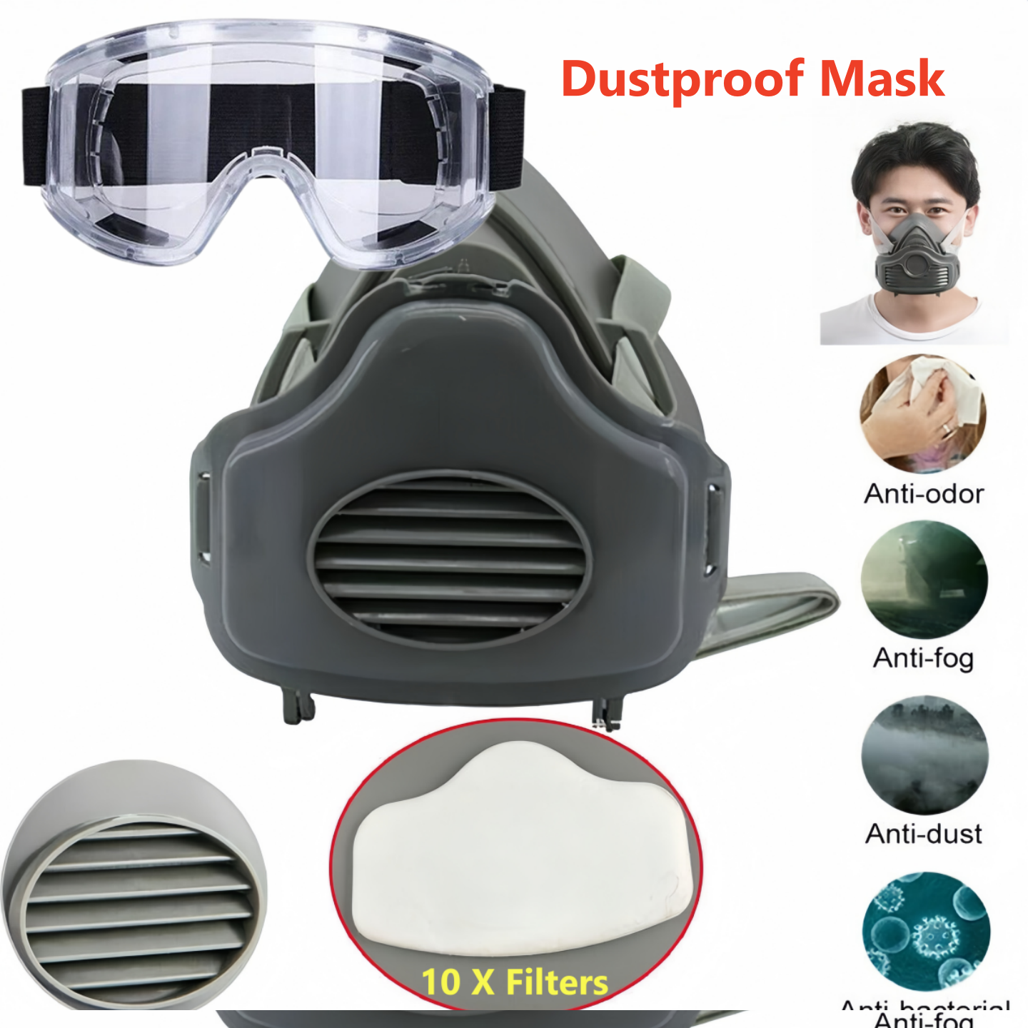 Half Face Respirator Mask with Anti-Fog Goggles and 10 Replaceable Filters