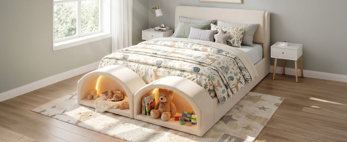 Queen Size Upholstered Platform Bed Frame with Dual Cat Caves & LED Pet Nests - Beige