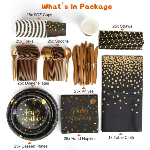 201PCS Black Gold Birthday Party Supplies Set for 25 Guests